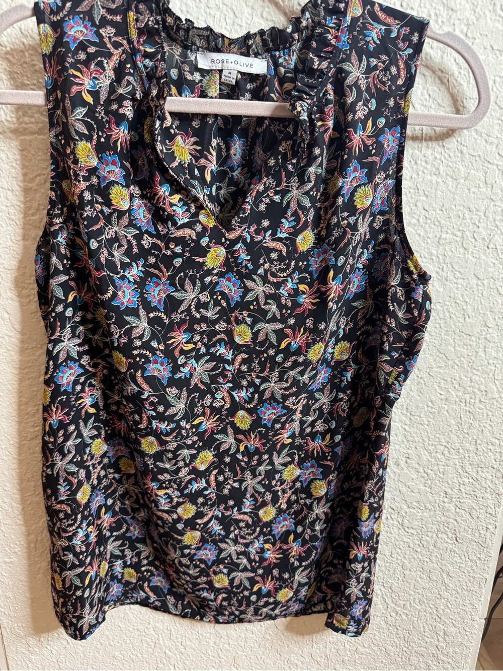 Rose & Olive Black Floral Ruffle V-Neck Camisole